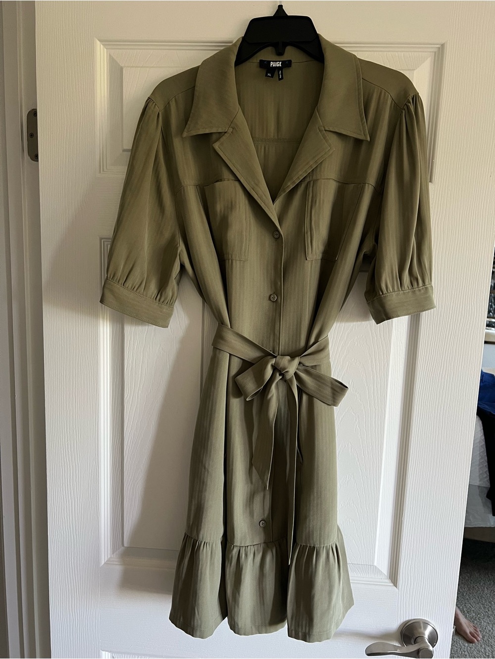 PAIGE Olive Button-Front Tie-Waist Midi Dress